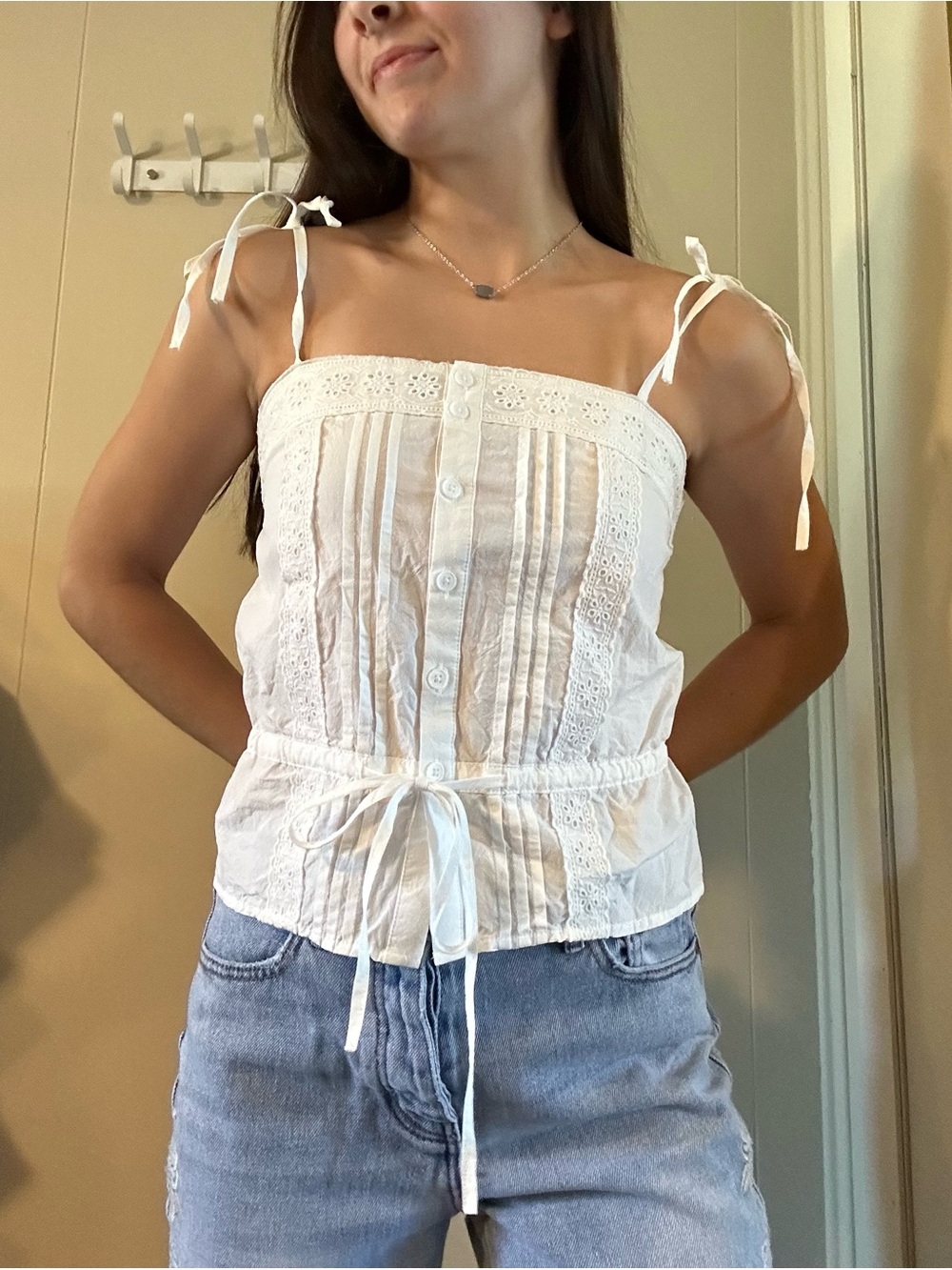White Lace-Trim Tie-Shoulder Camisole Top